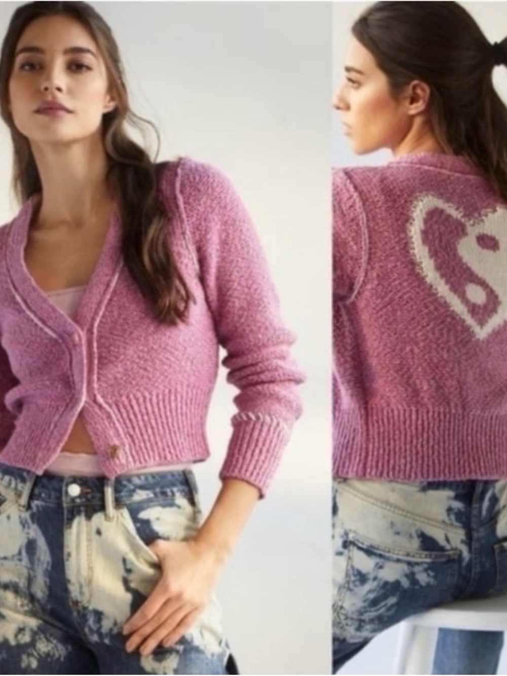Anthropologie Pilcro lcon Yin Yang Heart Pink Cropped Knit Cardigan Size XS